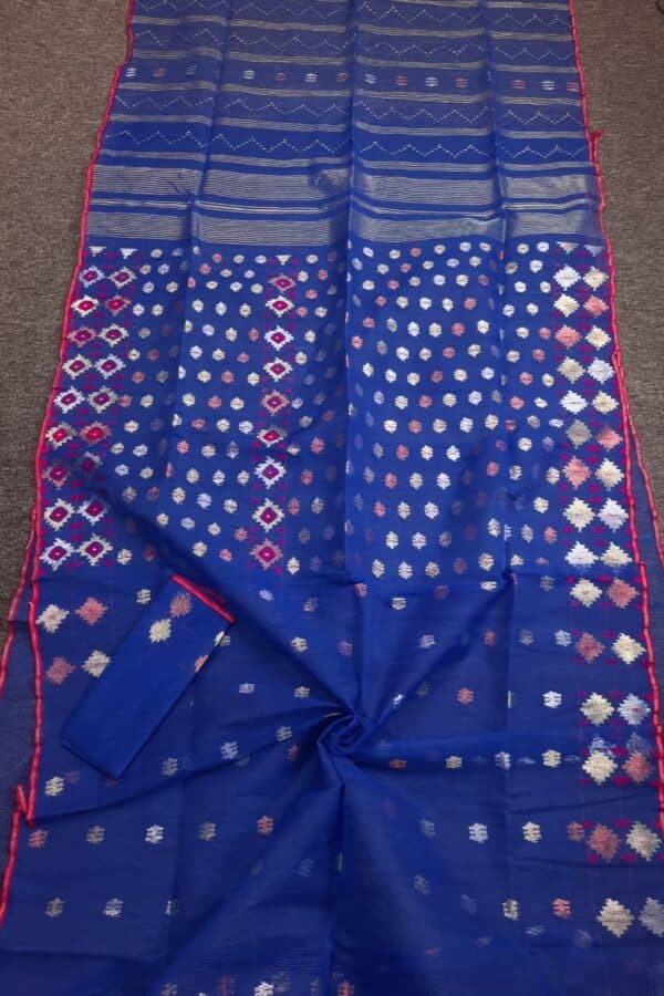 Royal Blue Half Silk Jamdani Saree - Image 4