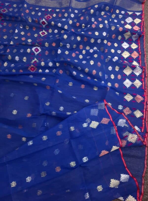 Royal Blue Half Silk Jamdani Saree - Image 2