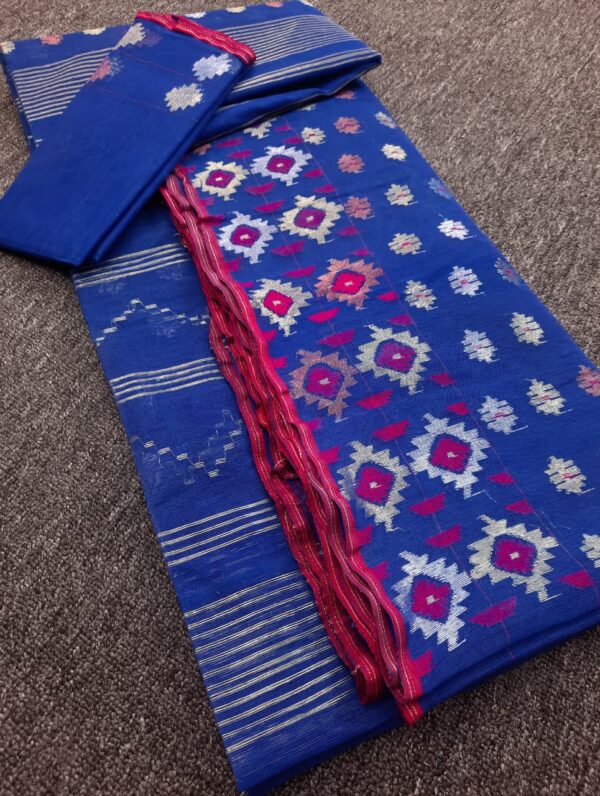 Royal Blue Half Silk Jamdani Saree - Image 5