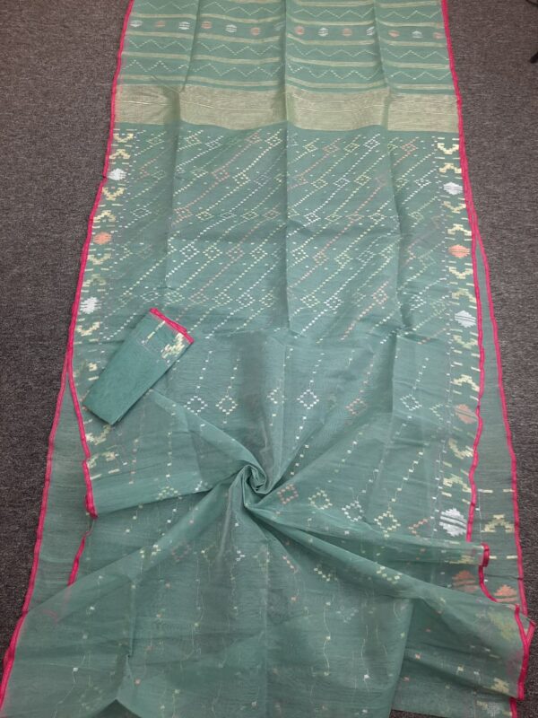 Pastel Green Soft Cotton Jamdani Saree - Image 6