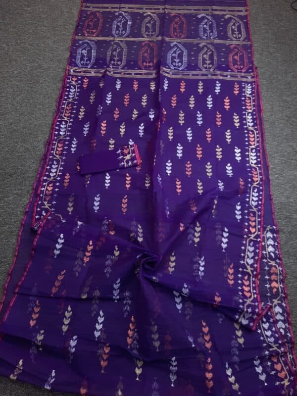 Royal Purple Jamdani Saree – Multicolor Leaf - Image 2