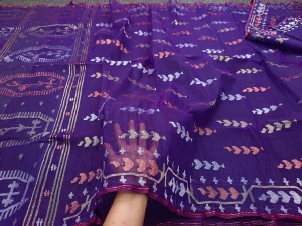 Royal Purple Jamdani Saree – Multicolor Leaf - Image 3