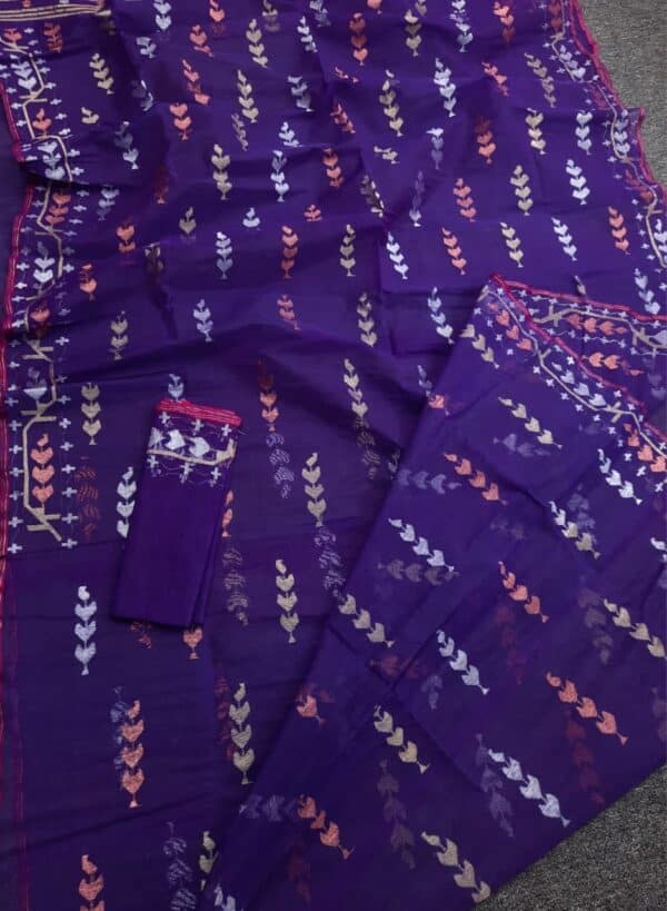 Royal Purple Jamdani Saree – Multicolor Leaf