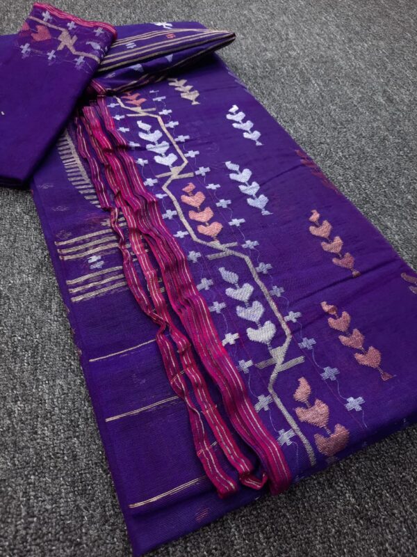 Royal Purple Jamdani Saree – Multicolor Leaf - Image 5
