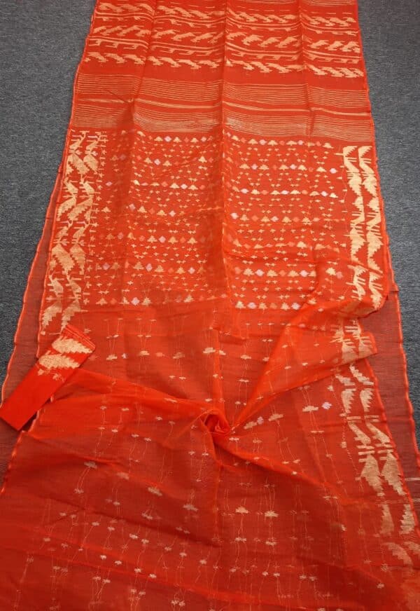 Radiant Orange & Golden Cotton Jamdani Saree - Image 2