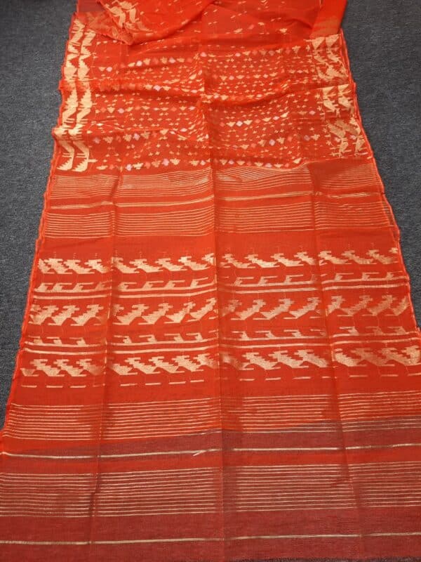 Radiant Orange & Golden Cotton Jamdani Saree - Image 3