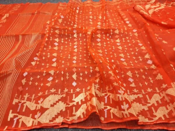 Radiant Orange & Golden Cotton Jamdani Saree - Image 4