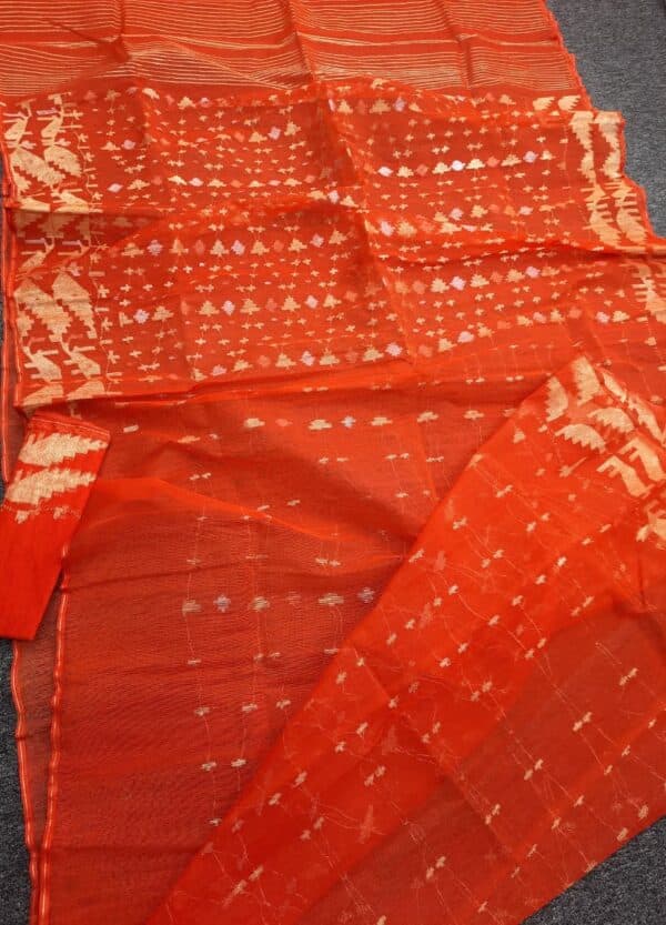 Radiant Orange & Golden Cotton Jamdani Saree - Image 6
