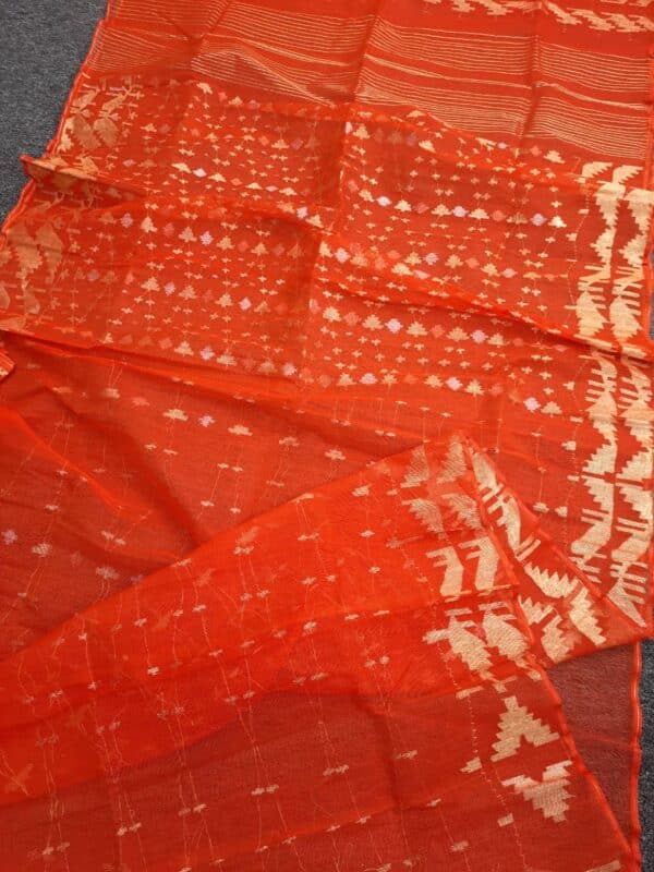 Radiant Orange & Golden Cotton Jamdani Saree - Image 5