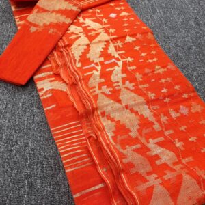 Radiant Orange & Golden Cotton Jamdani Saree