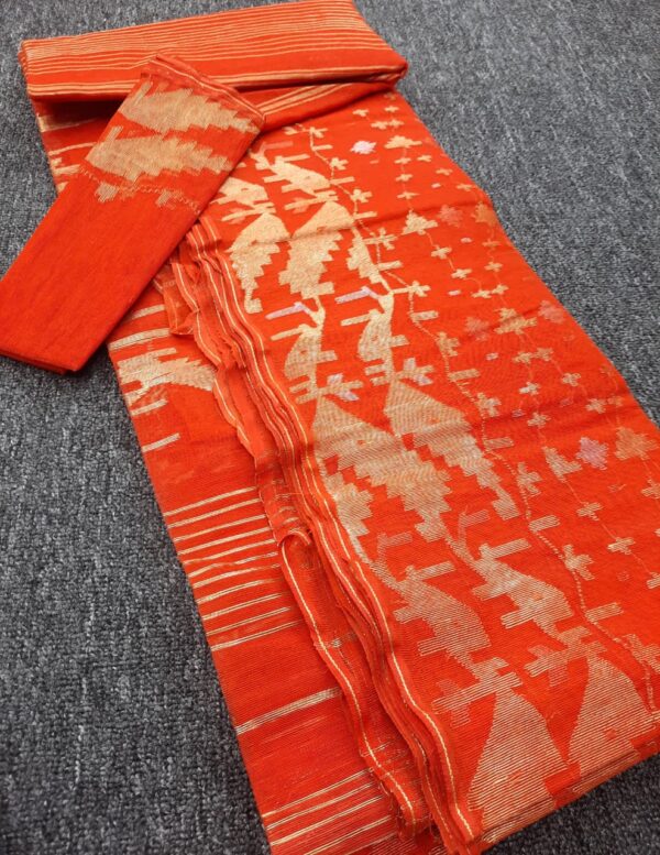Radiant Orange & Golden Cotton Jamdani Saree