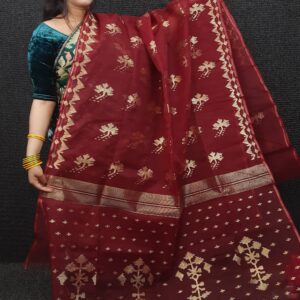 Maroon-Gold Handwoven Half Silk Jamdani Saree