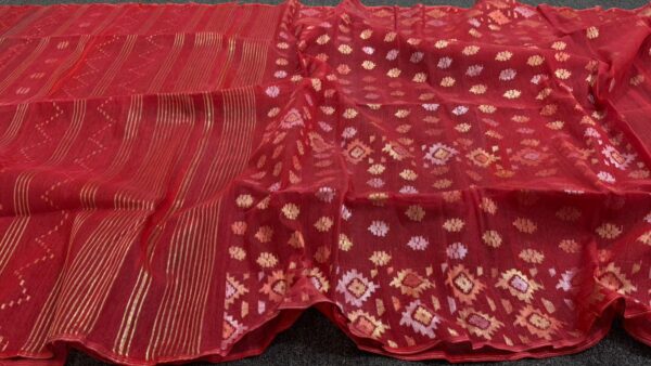 Classic Red Cotton  Halfslik Jamdani Saree - Image 3