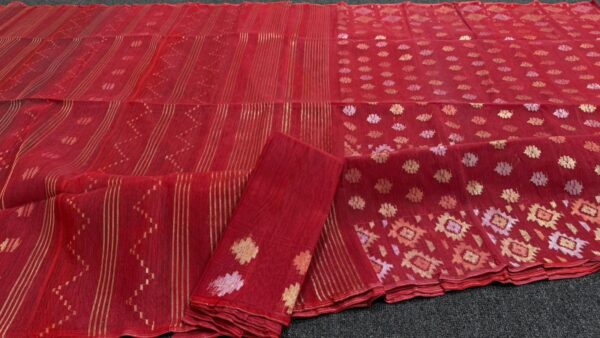 Classic Red Cotton  Halfslik Jamdani Saree - Image 4