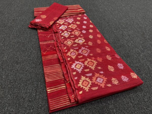 Classic Red Cotton  Halfslik Jamdani Saree - Image 2