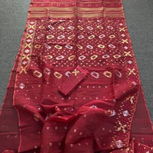 Maroon Red Halfslik Jamdani Saree – with Matching Blouse Piece