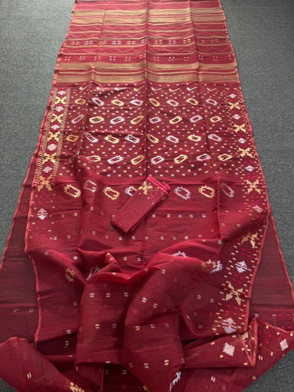 Maroon Red Halfslik Jamdani Saree – with Matching Blouse Piece