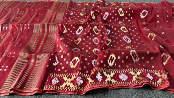 Maroon Red Halfslik Jamdani Saree – with Matching Blouse Piece - Image 3