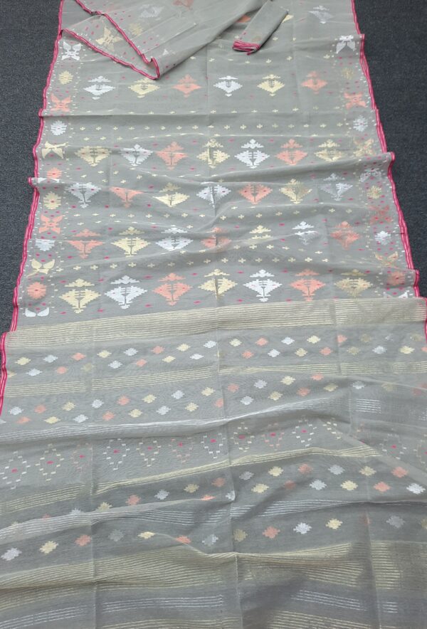 Soft Grey Half Silk Jamdani Saree