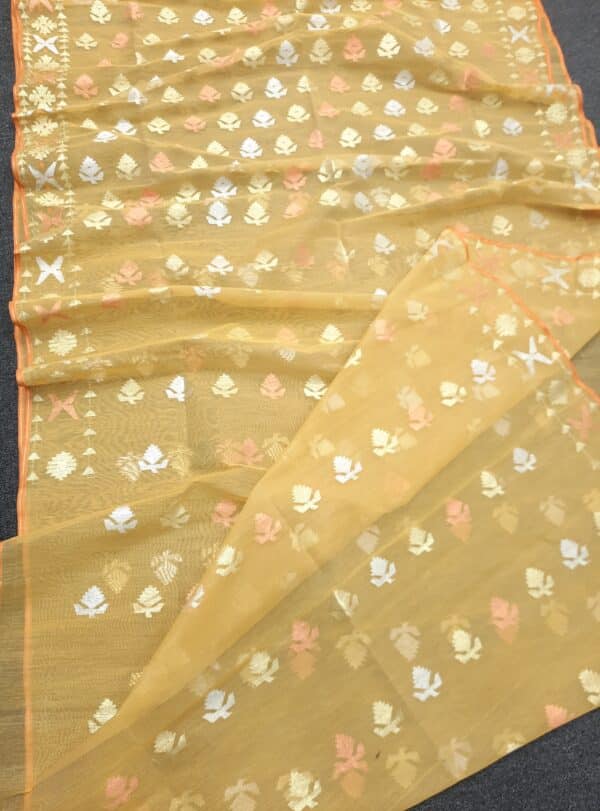 Mustard Yellow Half Silk Jamdani Saree – with Matching Blouse Piece - Image 4