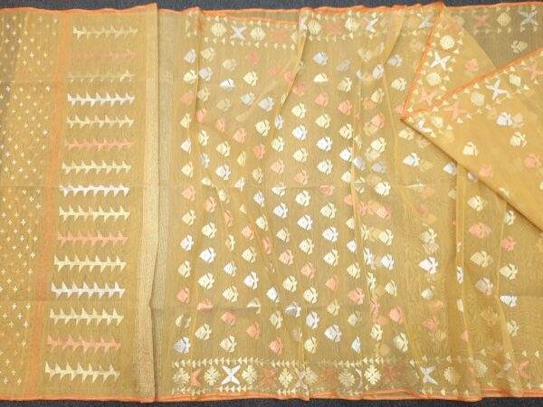 Mustard Yellow Half Silk Jamdani Saree – with Matching Blouse Piece - Image 3