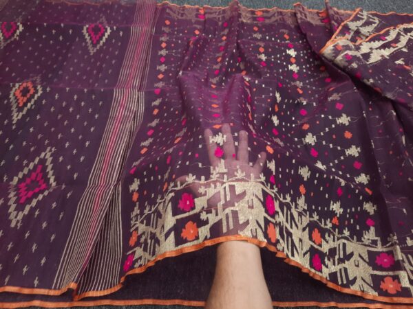 Deep Plum Half Silk Jamdani Saree – with Matching Blouse Piece - Image 4