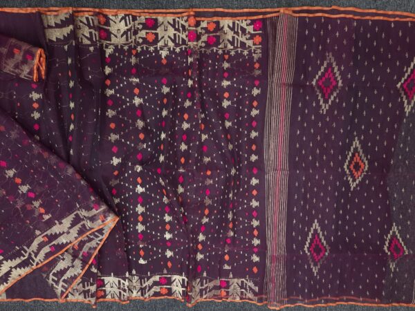 Deep Plum Half Silk Jamdani Saree – with Matching Blouse Piece - Image 2