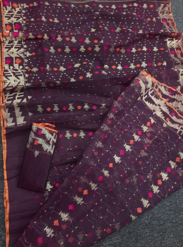 Deep Plum Half Silk Jamdani Saree – with Matching Blouse Piece