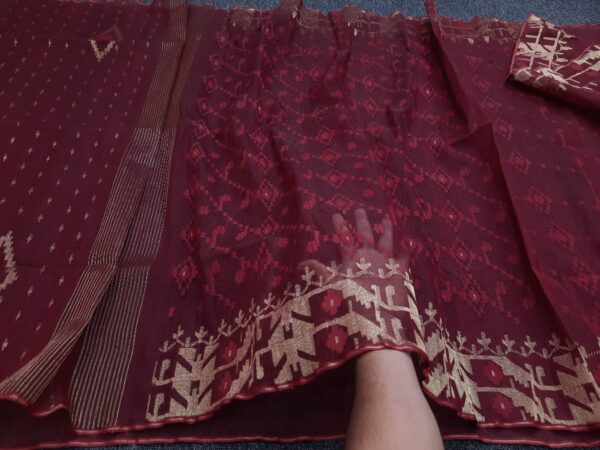 Elegant Mustard Yellow Half-Silk Jamdani Saree with Multicolor Buti - Image 4