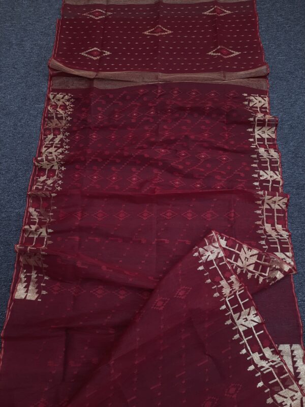 Elegant Mustard Yellow Half-Silk Jamdani Saree with Multicolor Buti - Image 2
