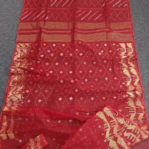 Fiery Red Half Silk Jamdani Saree