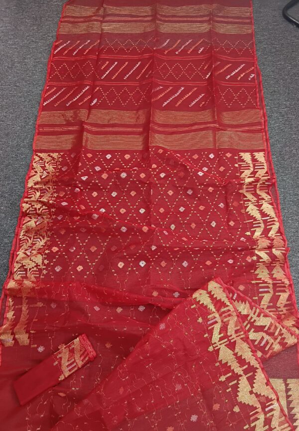 Fiery Red Half Silk Jamdani Saree