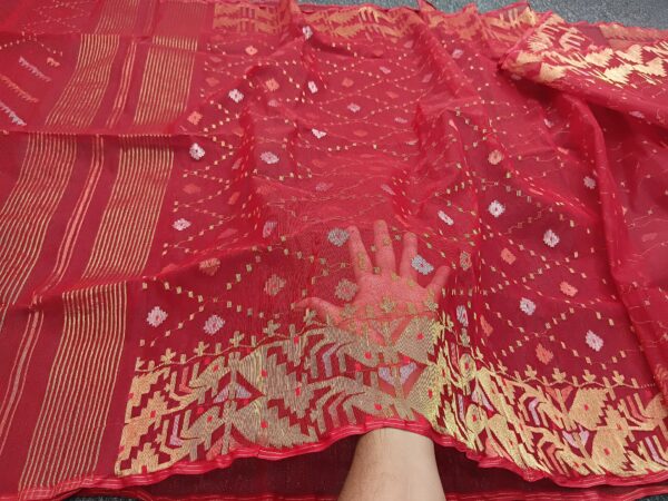 Fiery Red Half Silk Jamdani Saree - Image 2