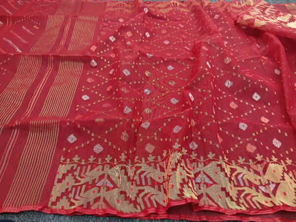 Fiery Red Half Silk Jamdani Saree - Image 4