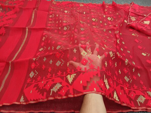 Classic Red Half Silk Jamdani Saree – with Matching Blouse Piece - Image 4