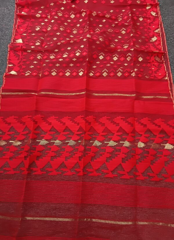 Classic Red Half Silk Jamdani Saree – with Matching Blouse Piece - Image 3