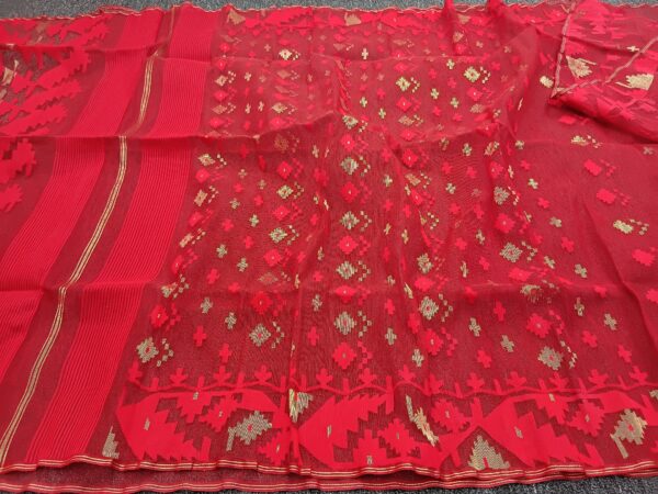 Classic Red Half Silk Jamdani Saree – with Matching Blouse Piece - Image 2