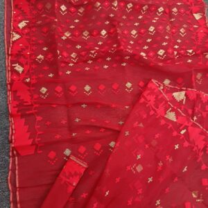Classic Red Half Silk Jamdani Saree – with Matching Blouse Piece