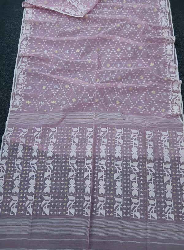 Elegant Pink Jamdani Saree with White and Golden - Image 3