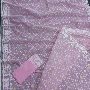 Elegant Pink Jamdani Saree with White and Golden