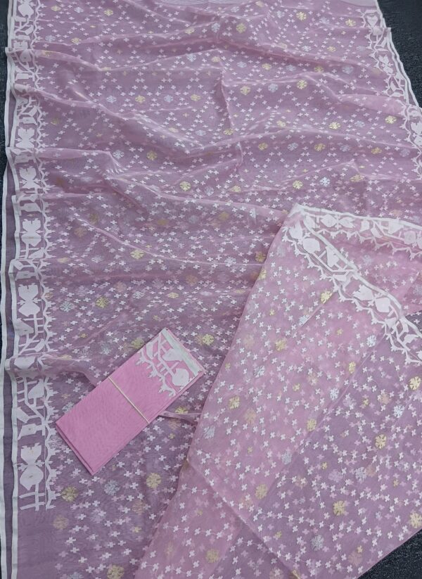 Elegant Pink Jamdani Saree with White and Golden