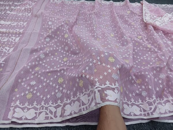 Elegant Pink Jamdani Saree with White and Golden - Image 2