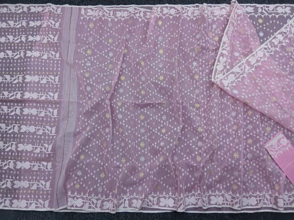 Elegant Pink Jamdani Saree with White and Golden - Image 4