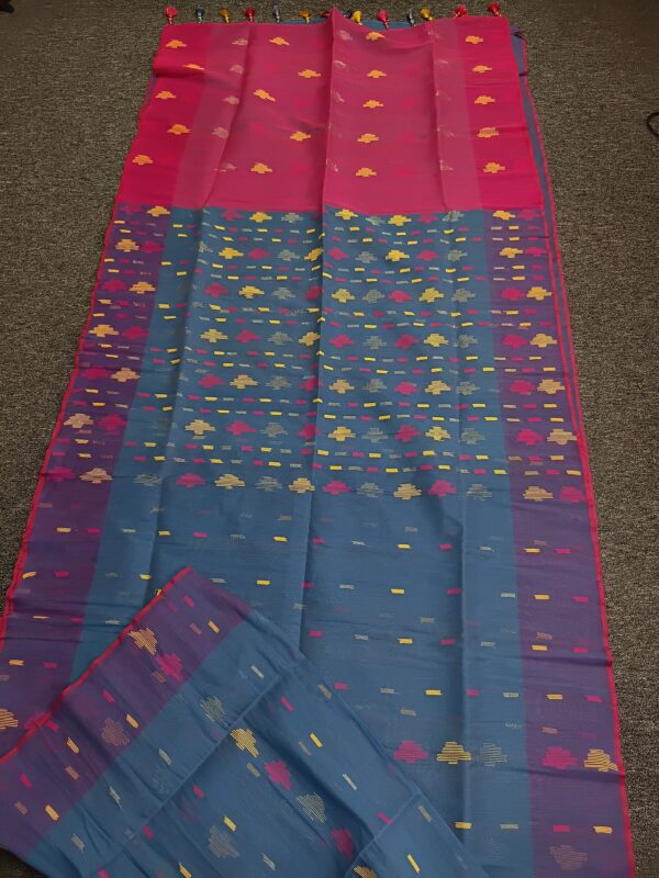 Vibrant Blue-Pink Half Silk Jamdani Saree with Multicolor Buti Design - Image 2