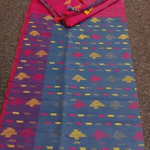 Vibrant Blue-Pink Half Silk Jamdani Saree with Multicolor Buti Design