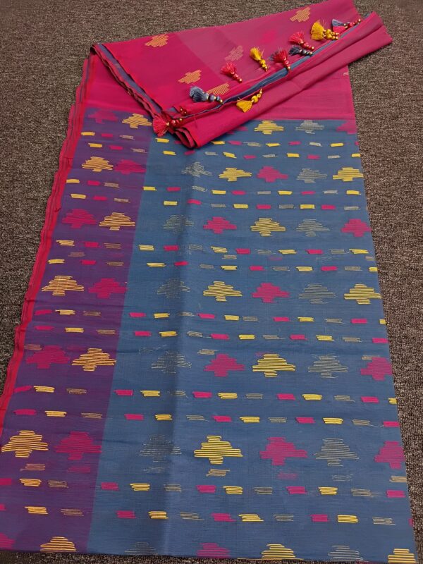 Vibrant Blue-Pink Half Silk Jamdani Saree with Multicolor Buti Design