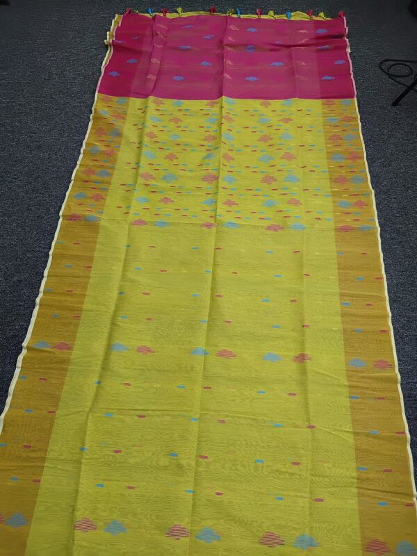 Festive Yellow-Pink Half Silk Jamdani Saree With Teasel - Image 2