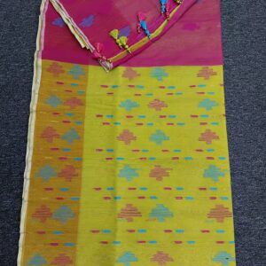 Festive Yellow-Pink Half Silk Jamdani Saree With Teasel