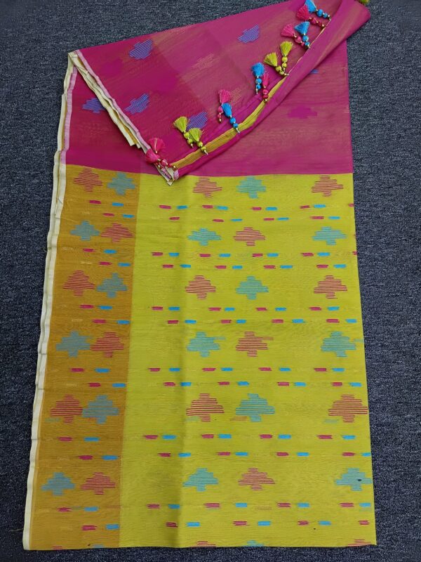 Festive Yellow-Pink Half Silk Jamdani Saree With Teasel