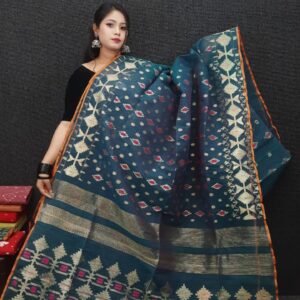 Deep Teal & Golden Half Silk Exclusive Jamdani Saree